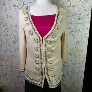 Moda International Embellished Cardigan Pearl Beaded Silk Blend Sweater Cream Sm